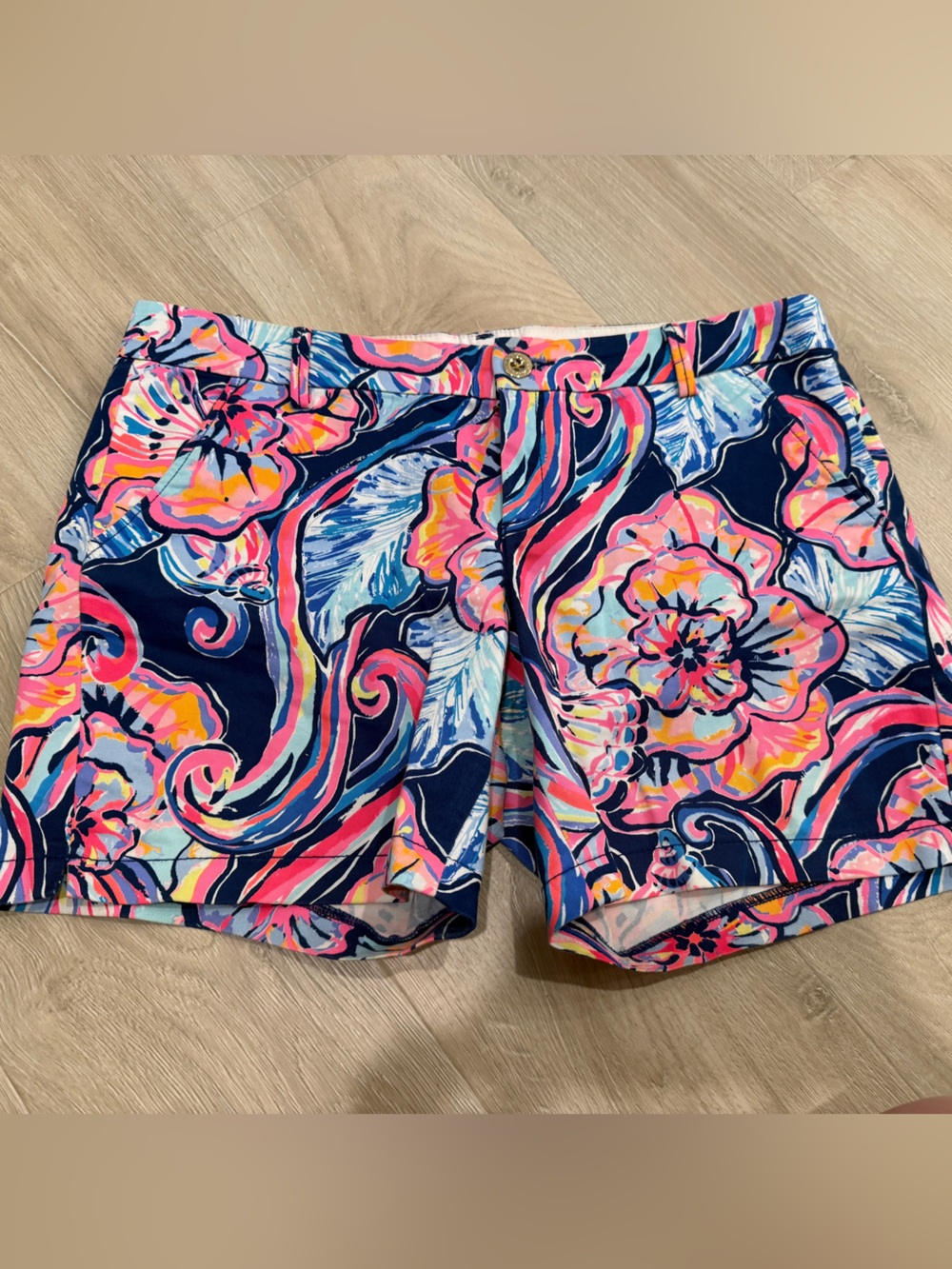 Lily Pulitzer Vibrant Floral Cotton Blend Shorts in Navy, Pink & Blue